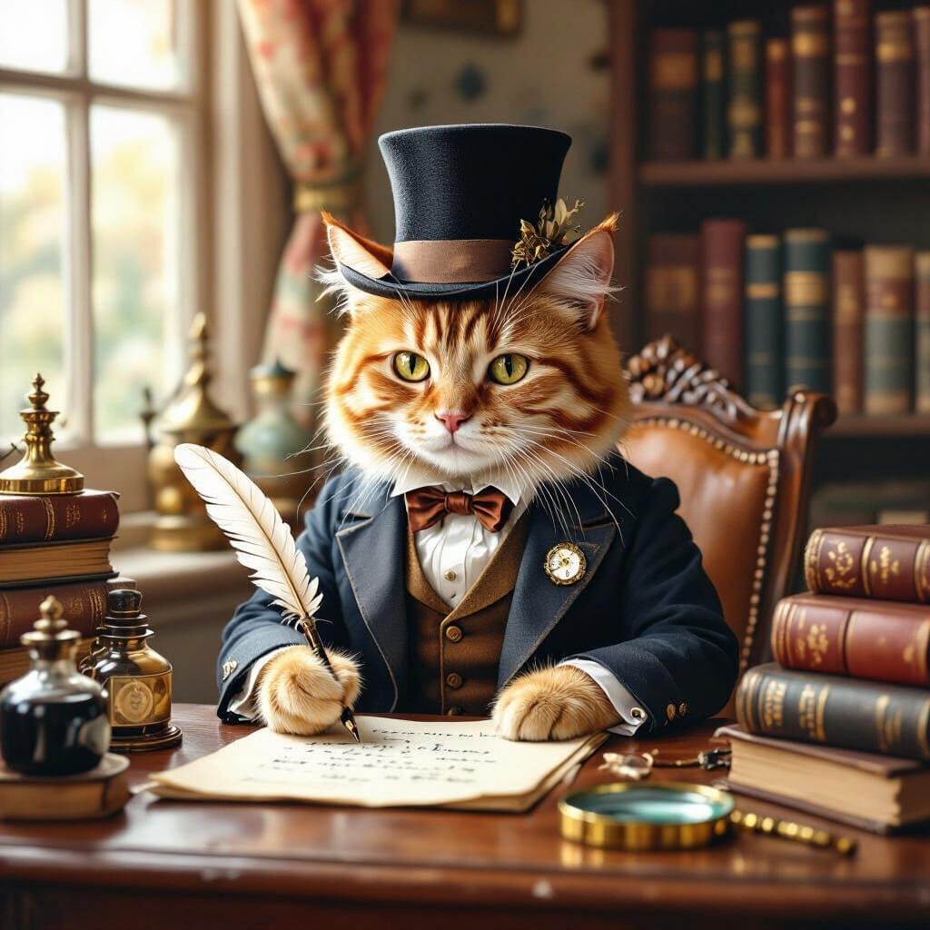 Victorian Cat Gentleman Writes with Quill, Watercolor Style