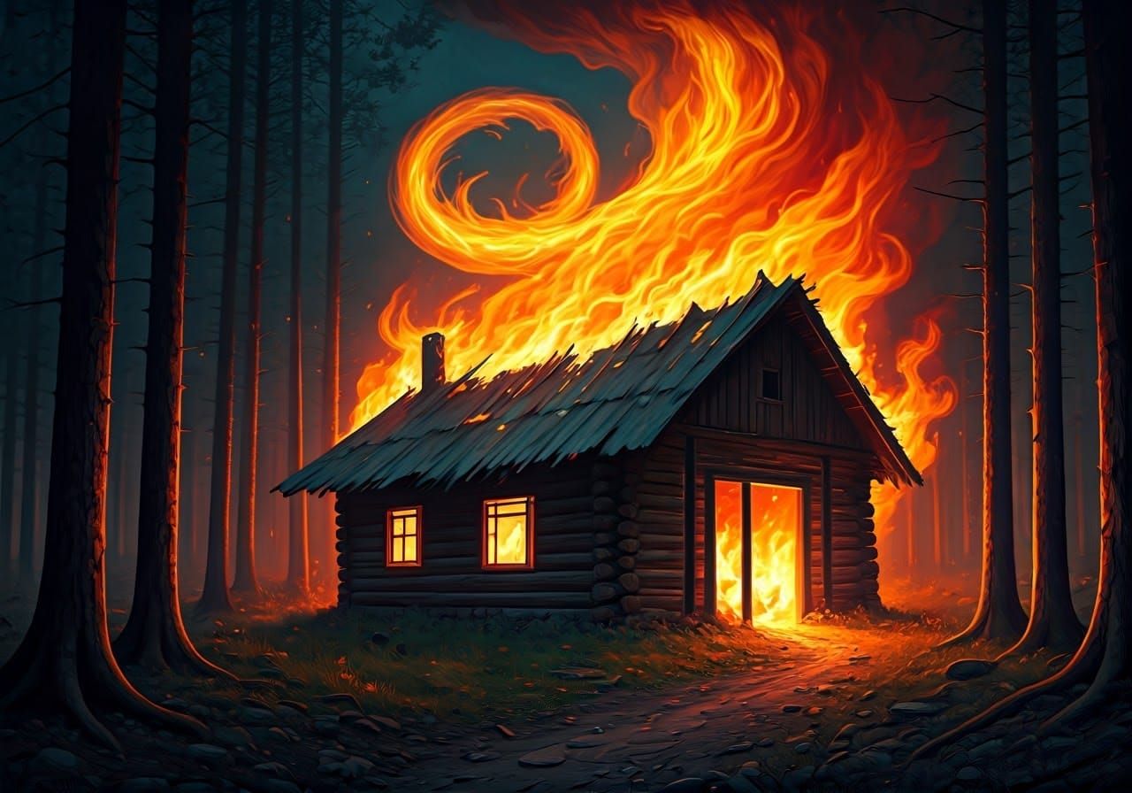 Inferno Monster Engulfs Cabin in Fiery Landscape