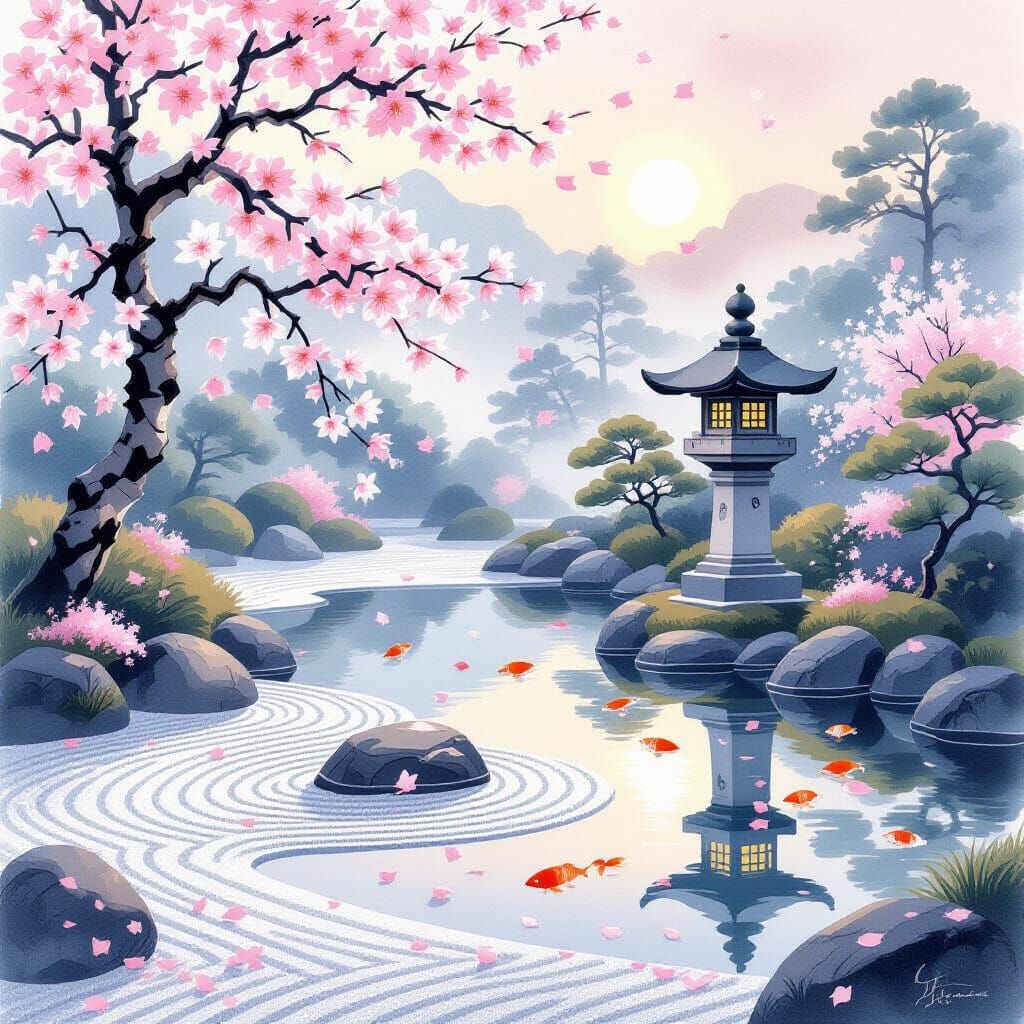 Serene Japanese Zen Garden at Dawn in Watercolor Style