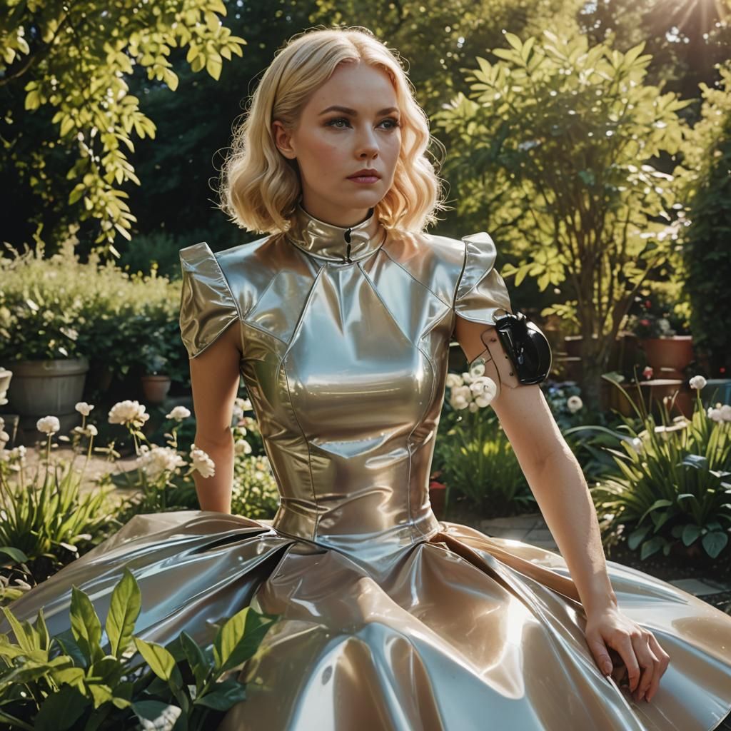 Blonde Woman in PVC Dress in Retro-Futuristic Garden