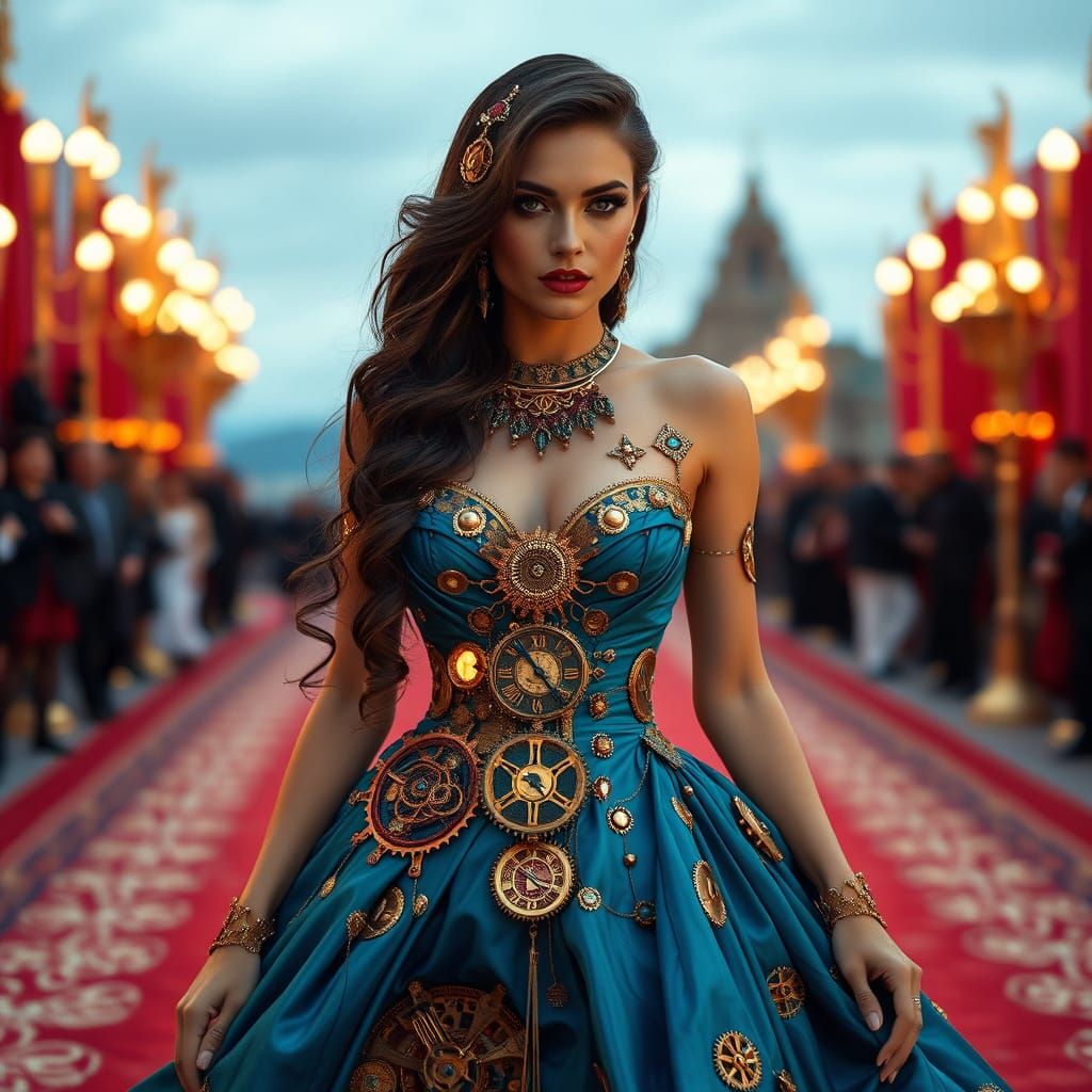 Glamorous Steampunk Model on Crimson Carpet