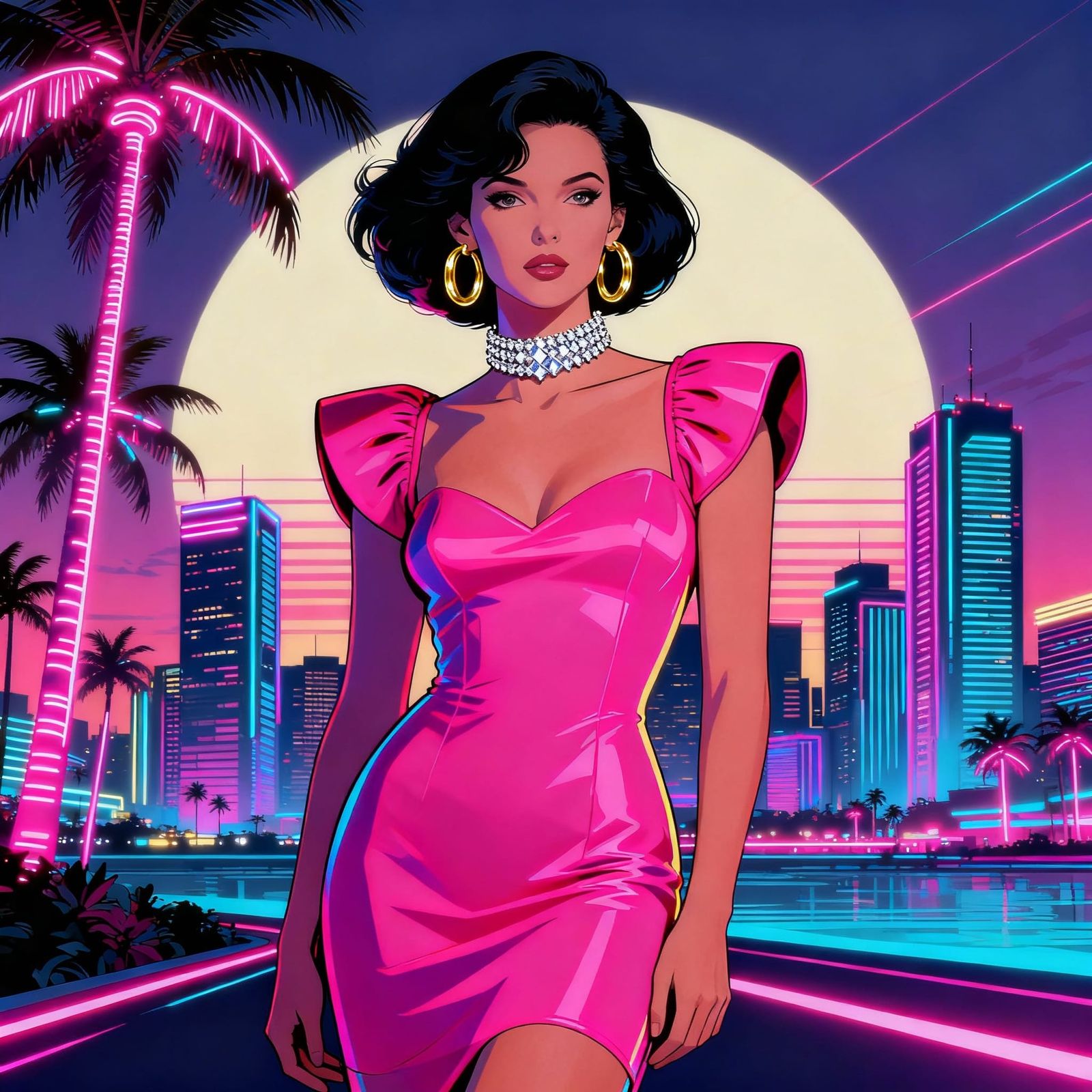 Glamorous 80s Woman Against Neon Miami Skyline