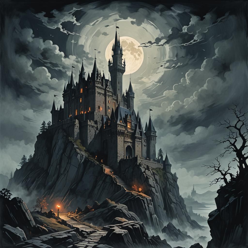 Foreboding Castle Under Moonlight: A Dark Fantasy Illustrati...