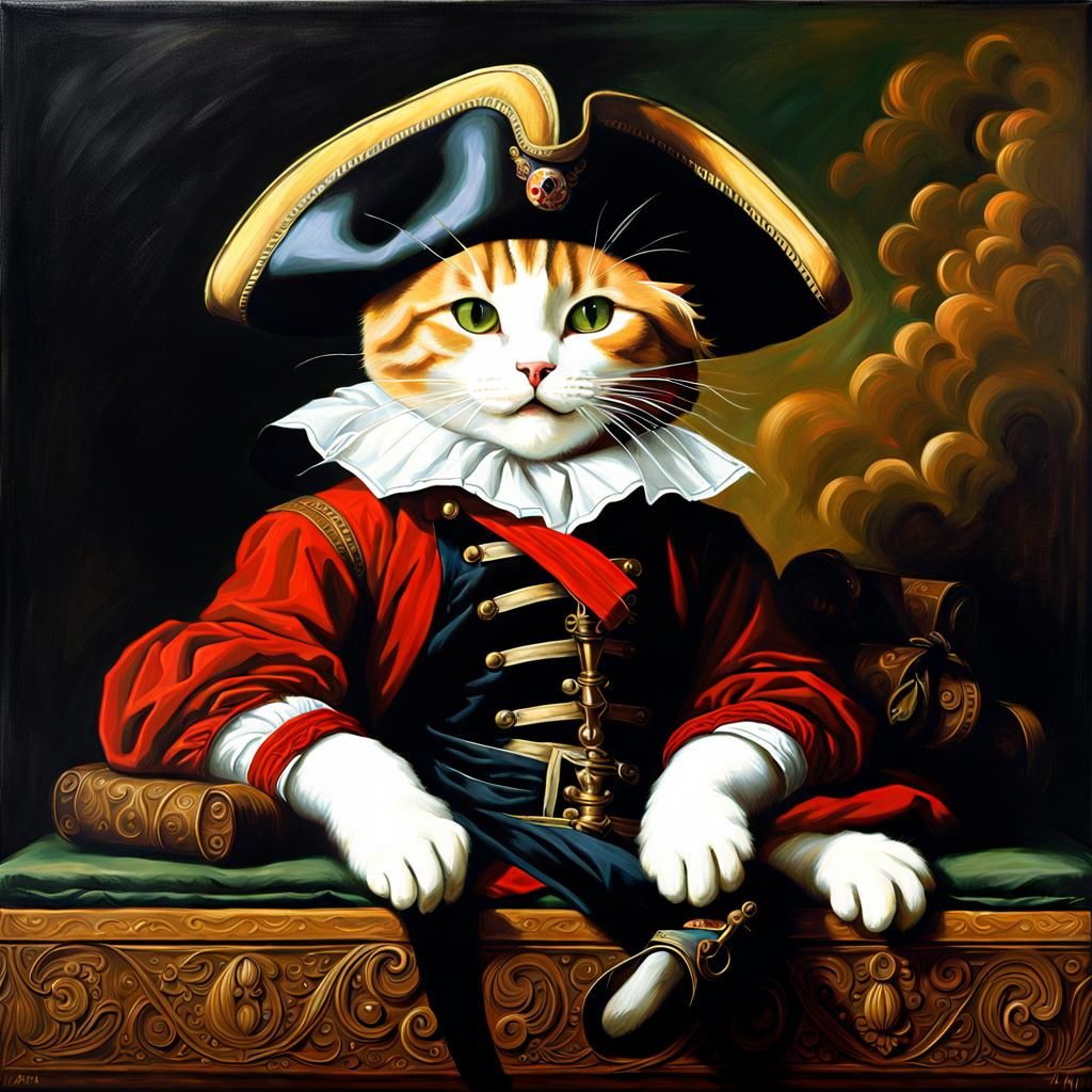 Pirate Cat Reclining, Hyperdetailed Oil Painting