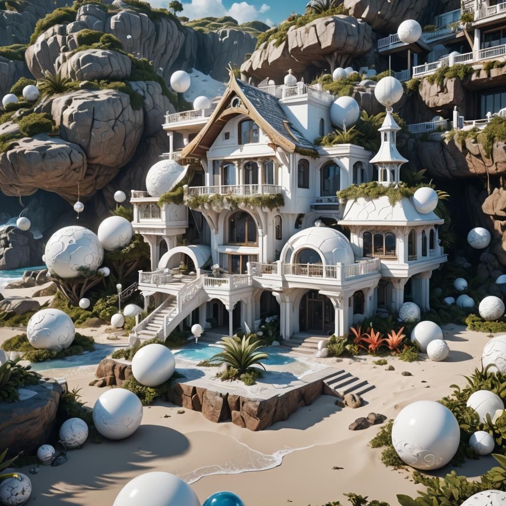 Futuristic Coastal House with White Ornaments