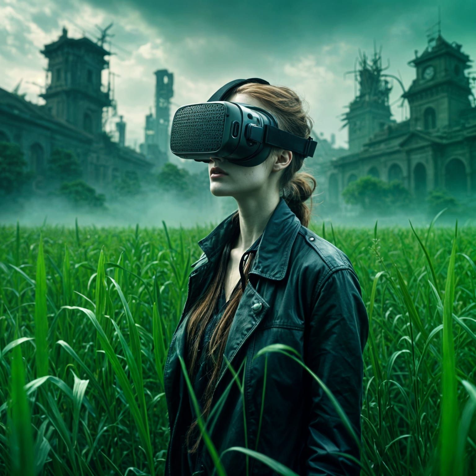 Woman in VR Headset Reveals Dystopian Reflection