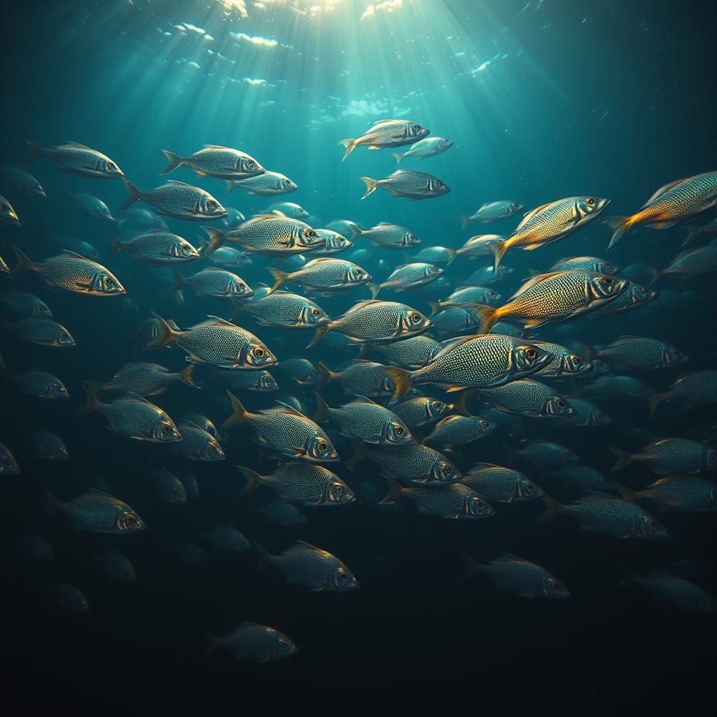 Ethereal School of Iridescent Fish in Cinematic Underwater S...
