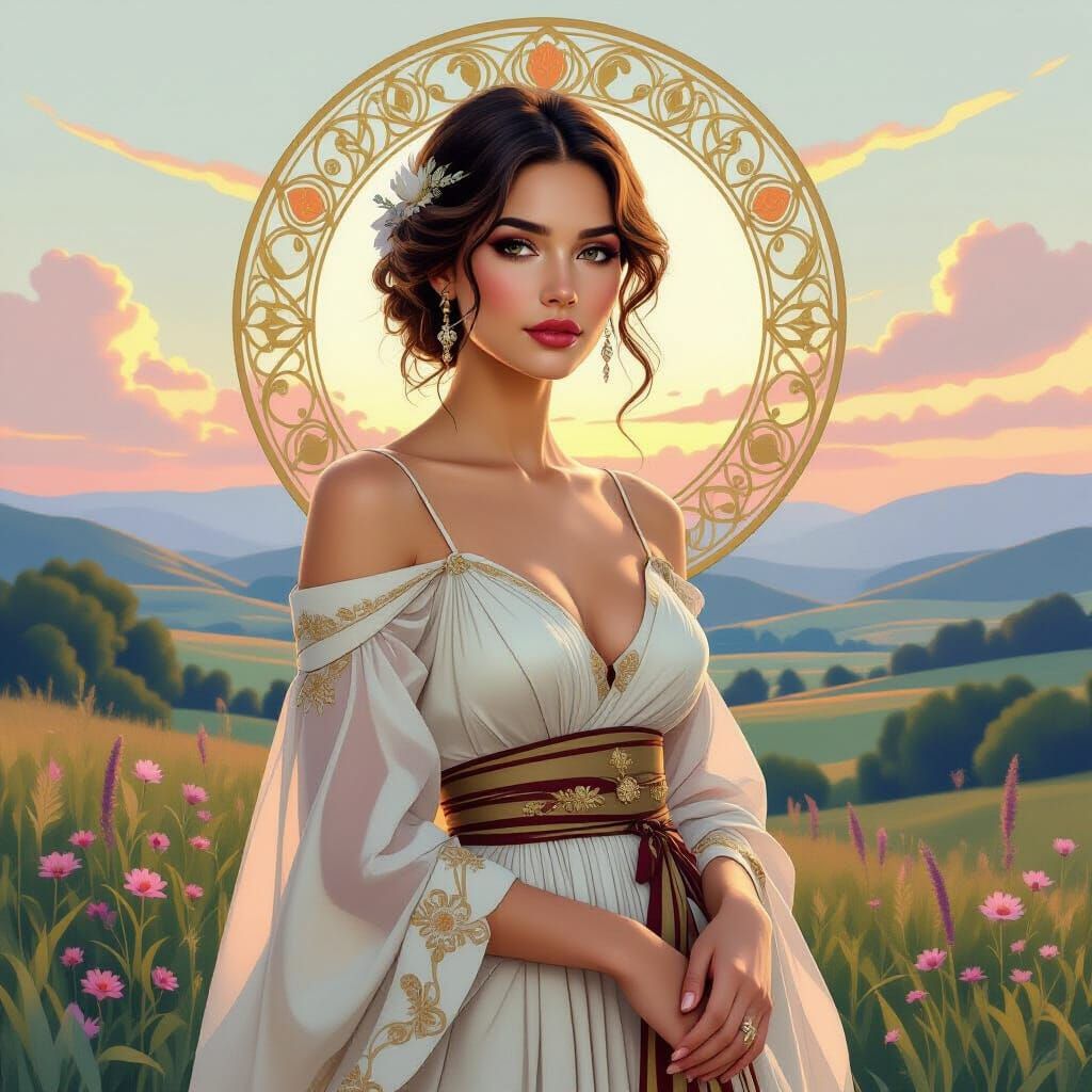 Elegant Woman in Serene Landscape, Art Nouveau Style