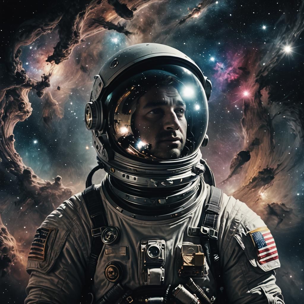 Astronaut in Dark Surrealism Reflects Galaxy