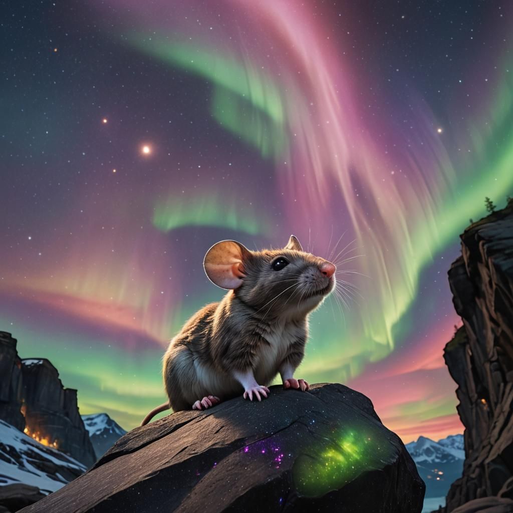 Mouse Gazing at Aurora Borealis: Hyper-Realistic Night Sky