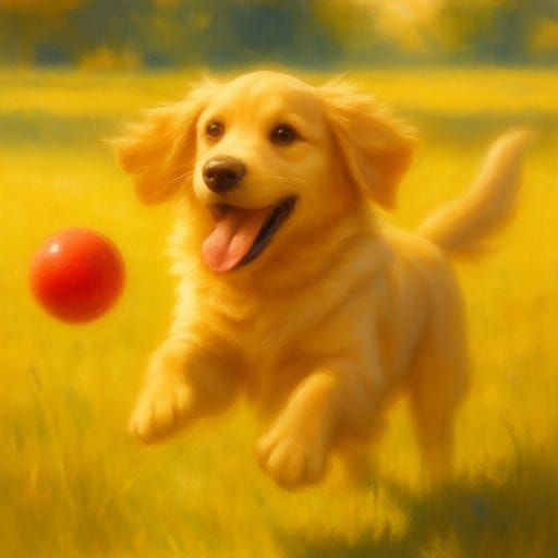 Joyful Golden Retriever Puppy Leaping for Ball in Golden Hou...