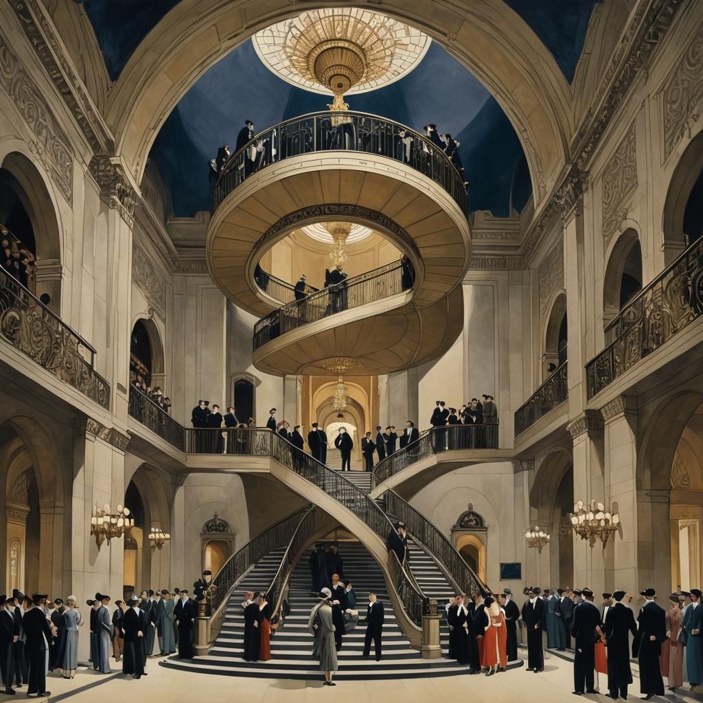 Elegant Art Deco Lobby with Spiral Staircase