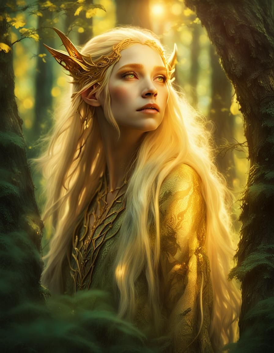 Luminous High Elven Woman in Sunlit Forest
