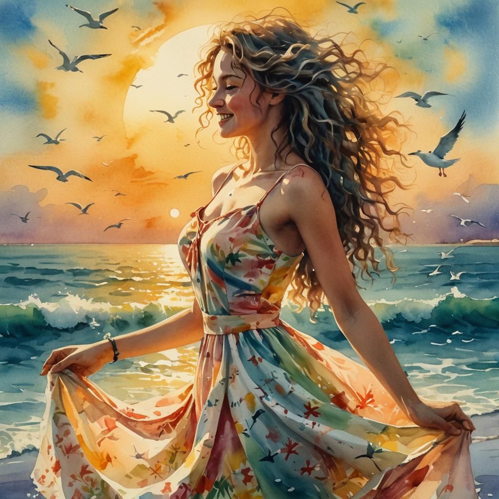 Watercolor Portrait of Girl Playing on Beach