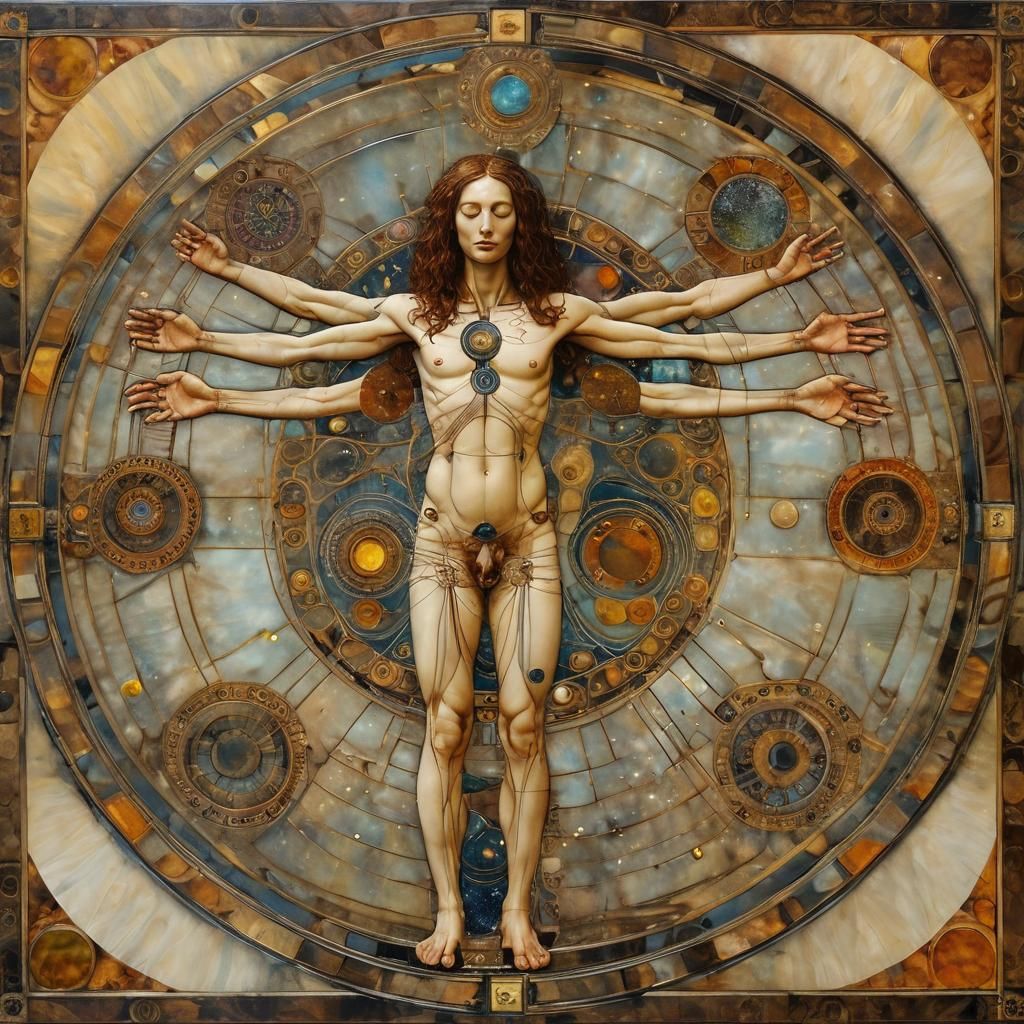 Cosmic Vitruvian Human Inspired by Klimt, Encaustic Style