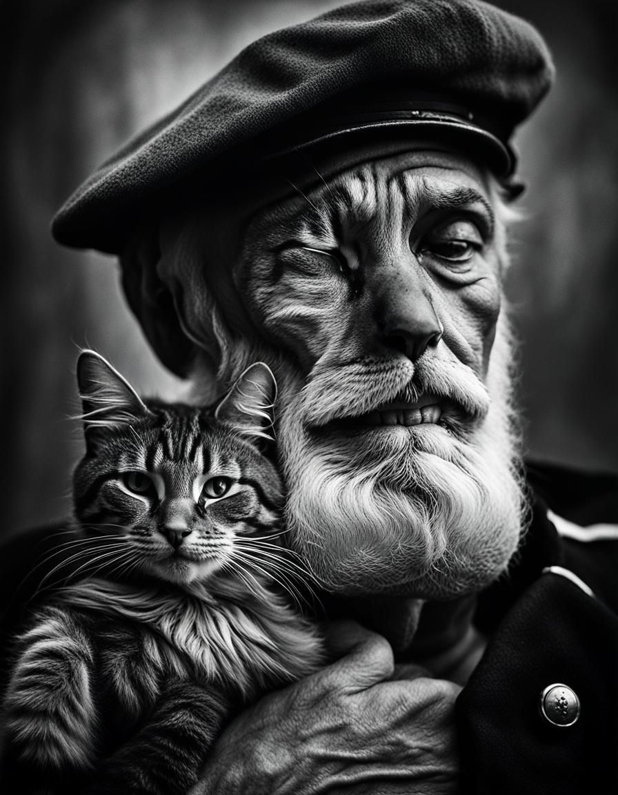 Old Sailor With Cat Portrait in Moody Black and White