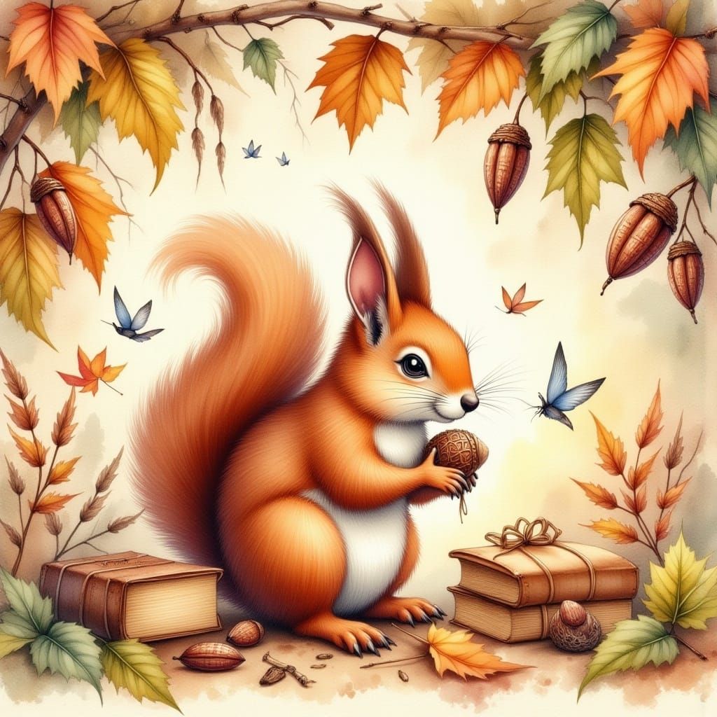 Autumn Squirrel Watercolor Painting in Gritty Style