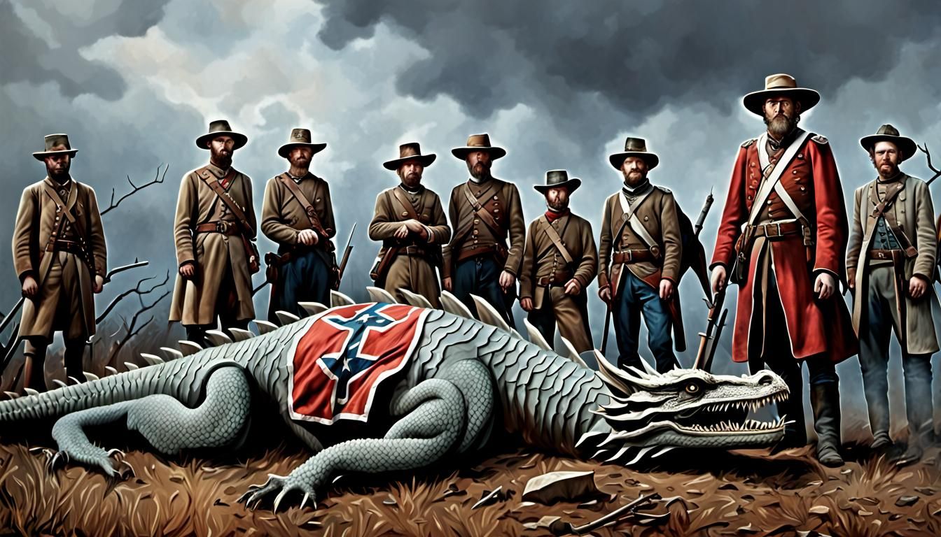 Civil war confederate soldiers pose with the body of a dead dragon they have hunted cinematic high resolution sharp deta...