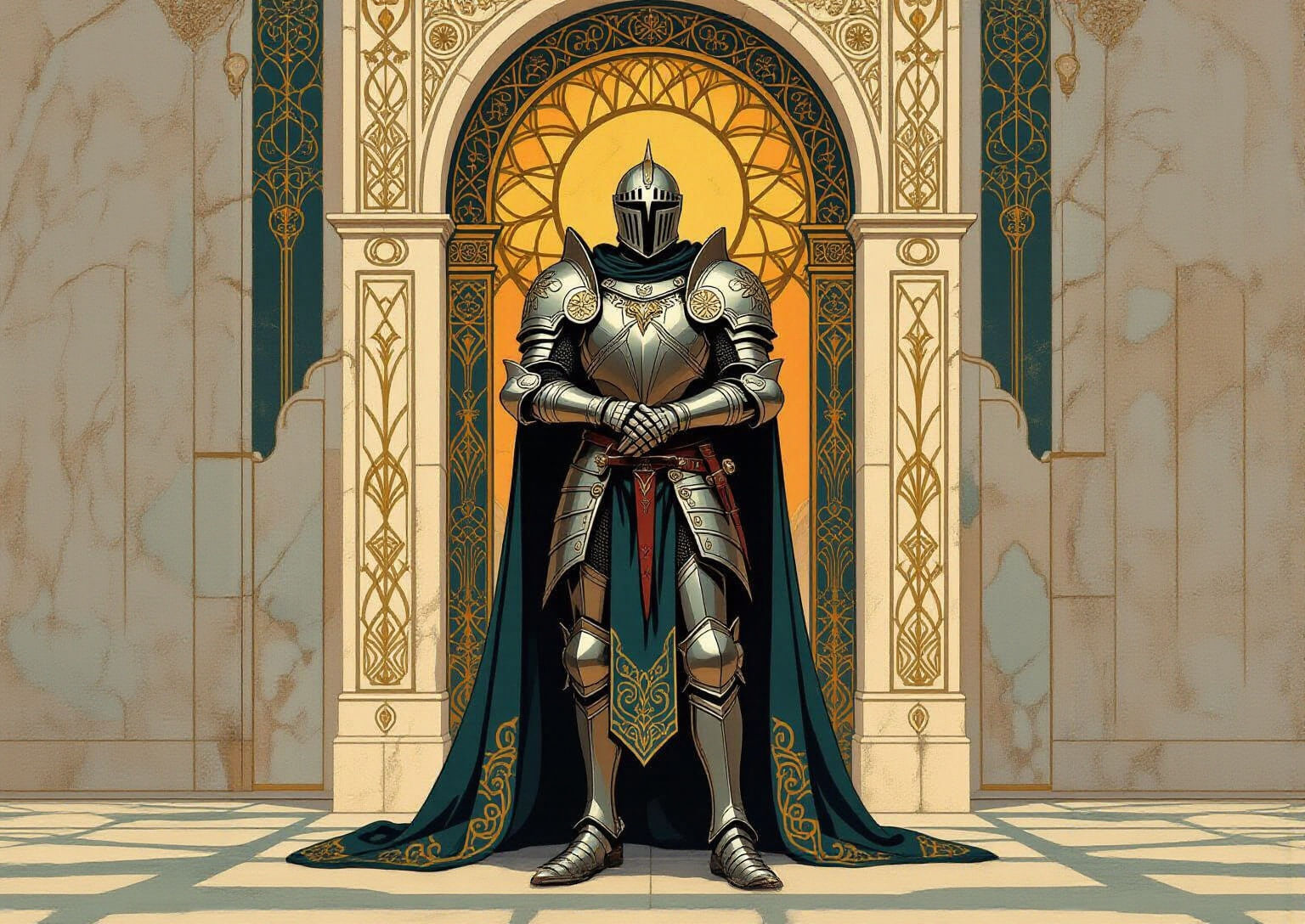 Art Deco Knight in Castle Wall