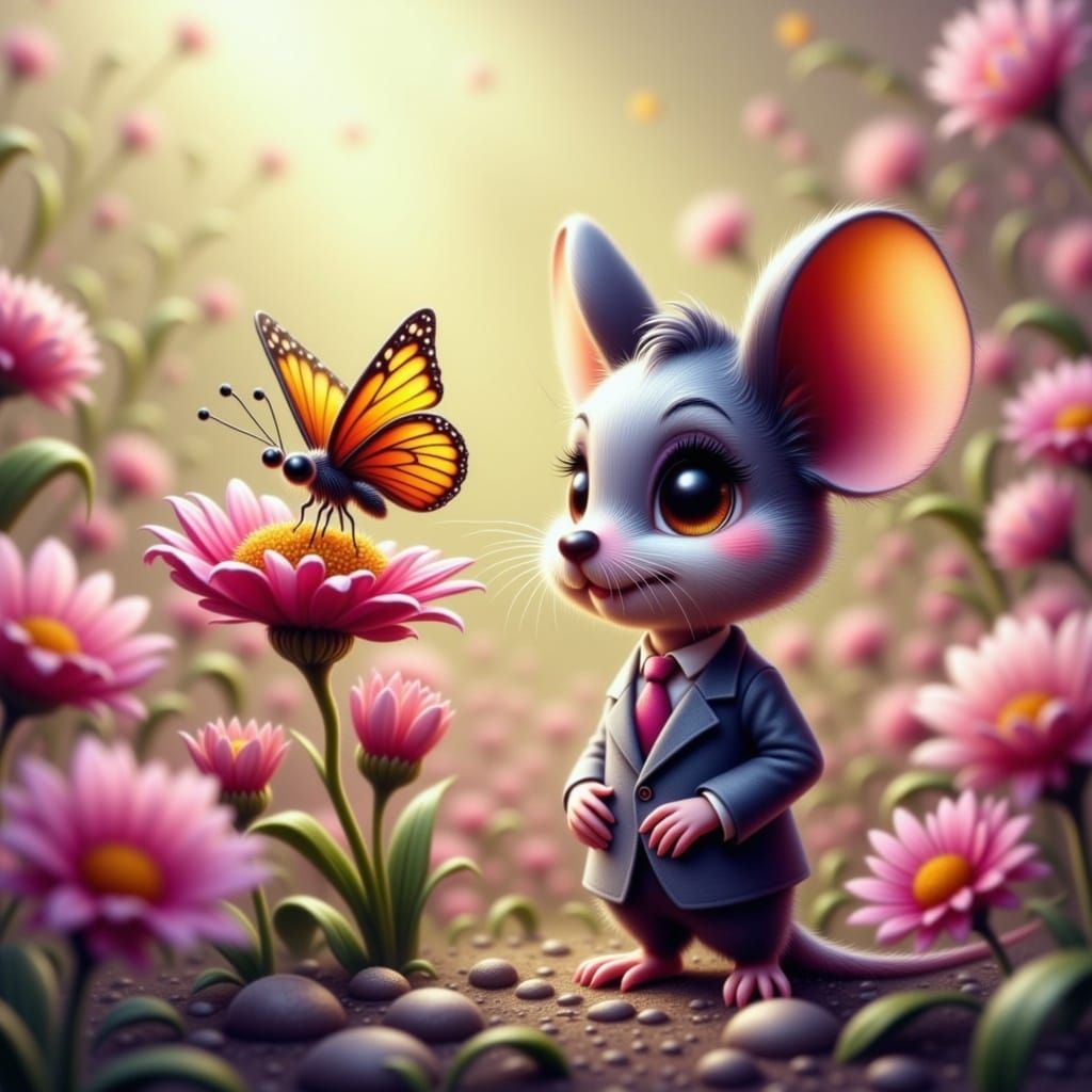 Cute Mouse in Suit Admires Butterfly on Flower