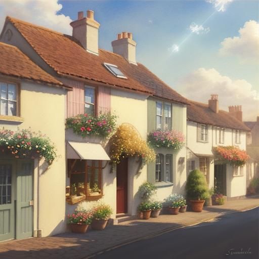 Charming English Shop Scene in Whimsical Watercolor Style