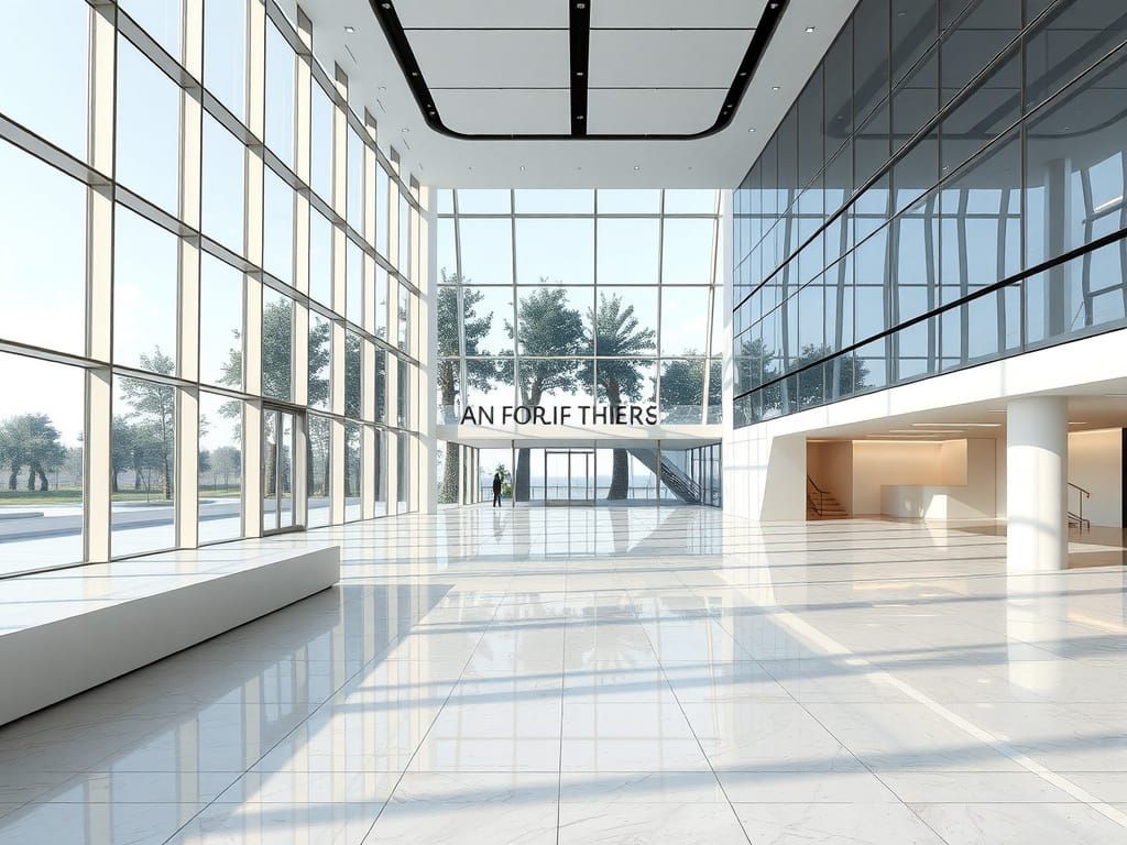 Sleek Futuristic Office Space with Glass Walls and Marble Fl...