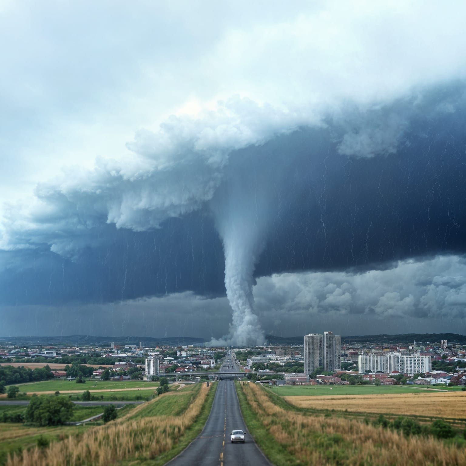 Towering Tornado Sweeps Across a Cityscape