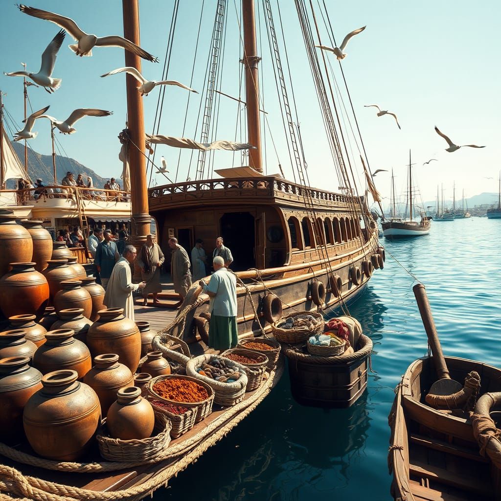 Phoenician Merchant Ship Docked at Bustling Mediterranean Po...