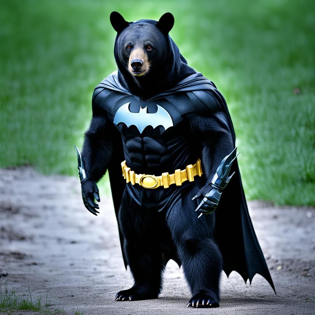 a black bear dressed as Batman (made for DC but not submitte...