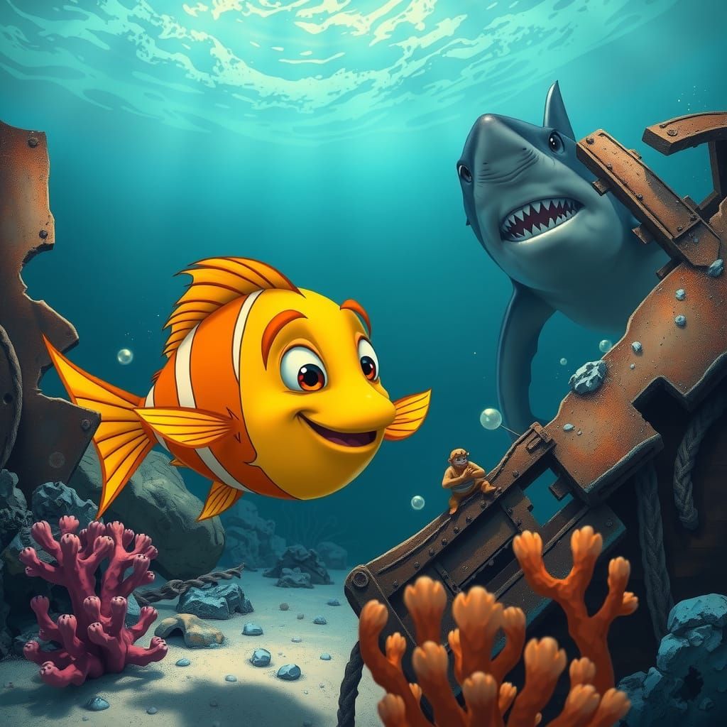 Flounder Escapes Shark in Sunken Ship, Disney Style