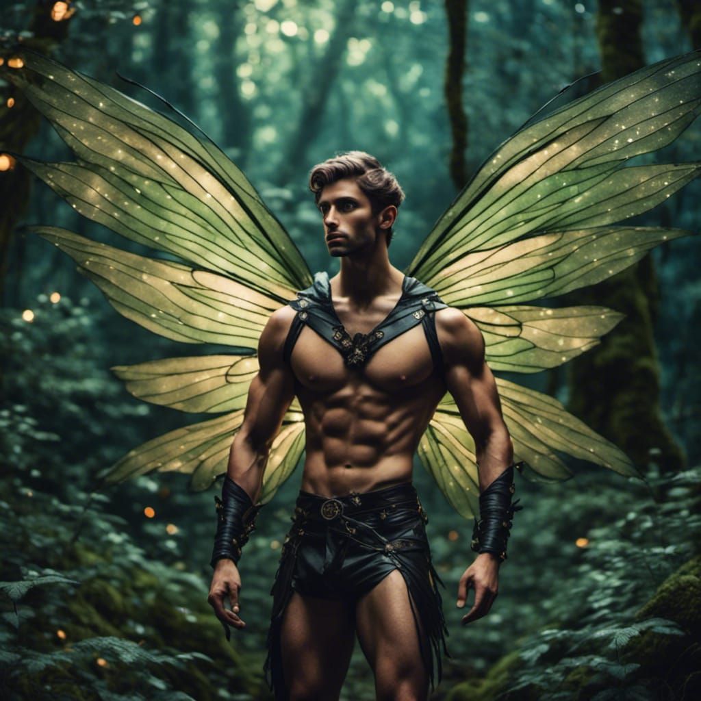 Muscular Male Fairy Flying in Enchanted Forest