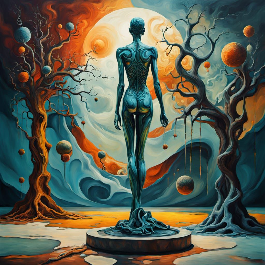 Surreal Oil Painting of a Melting Statue in Dreamlike Atmosp...