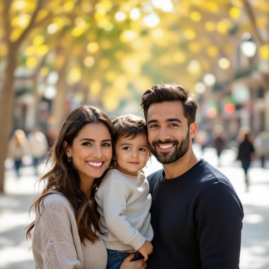 Family Photo in Barcelona with Bokeh and Natural Light