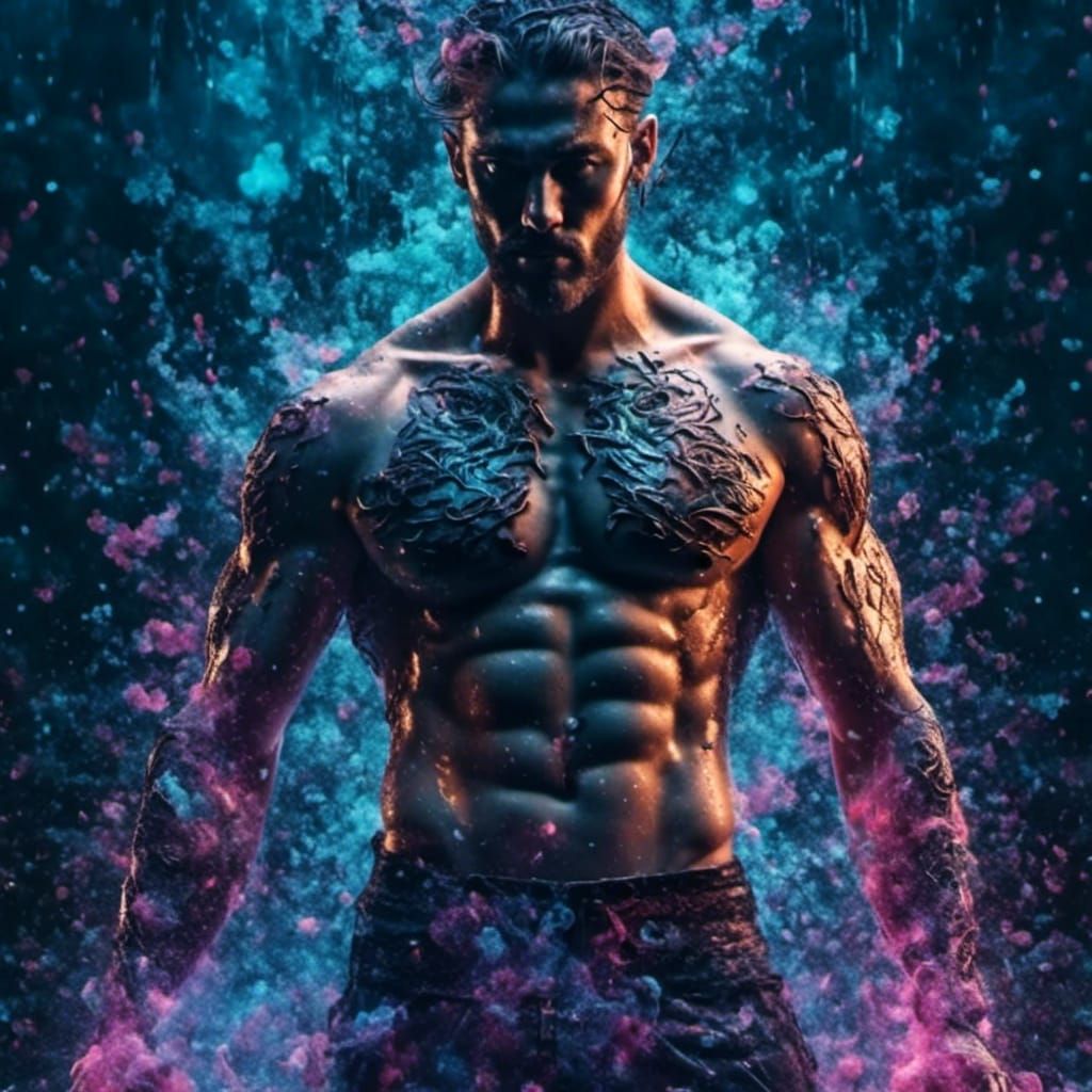 Muscular Scaled Male in Opalescent Water Explosion