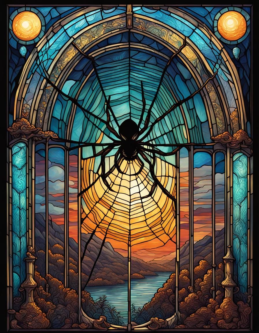 Stained Glass Spider and Web in Detailed Illustration
