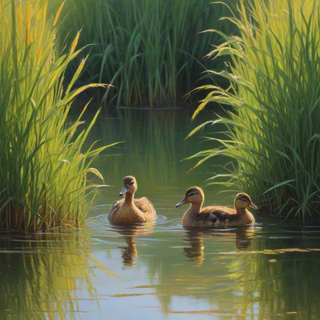 Duck and Ducklings on Pond: Impressionist Oil Painting