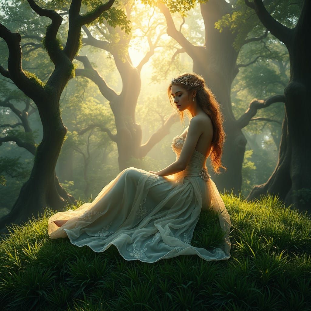 Beautiful nymph sitting on the grass in the forest