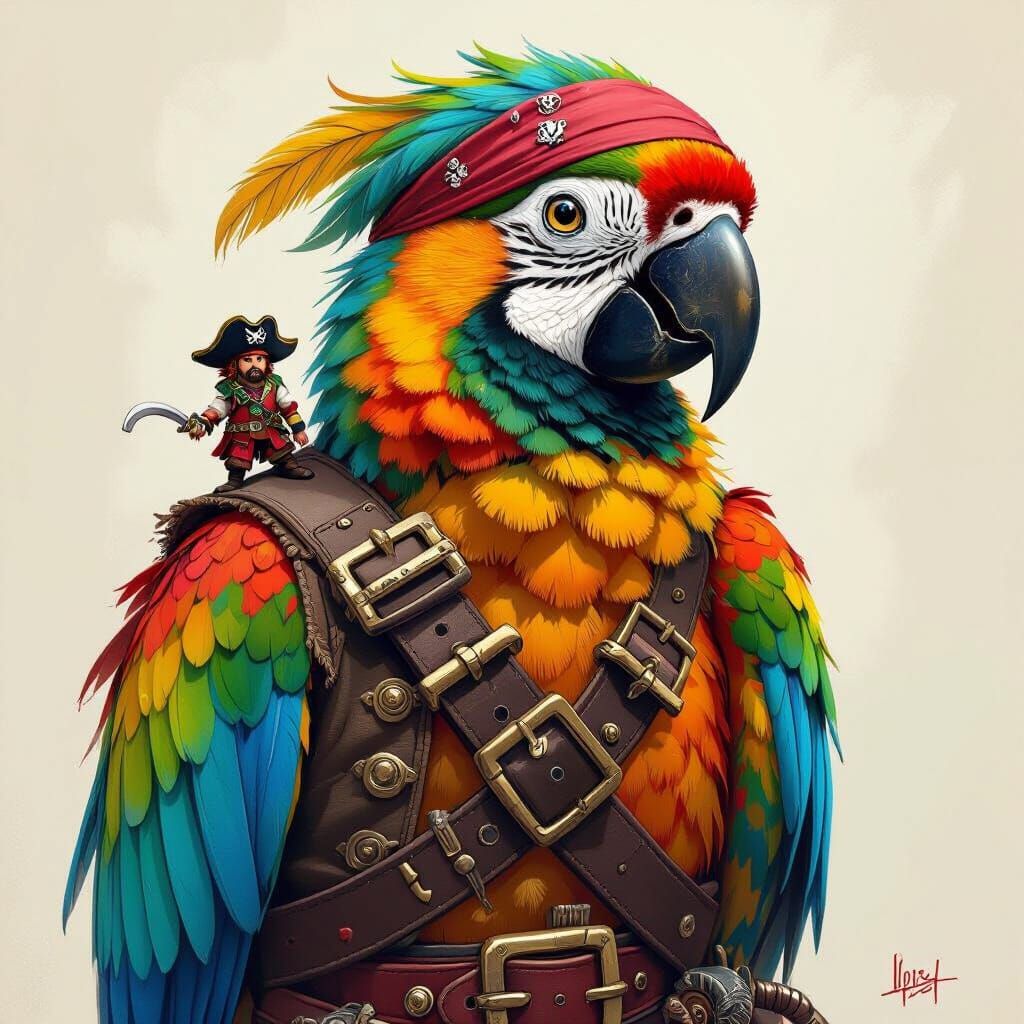 Pirate Parrot with Tiny Matey: Whimsical Digital Art