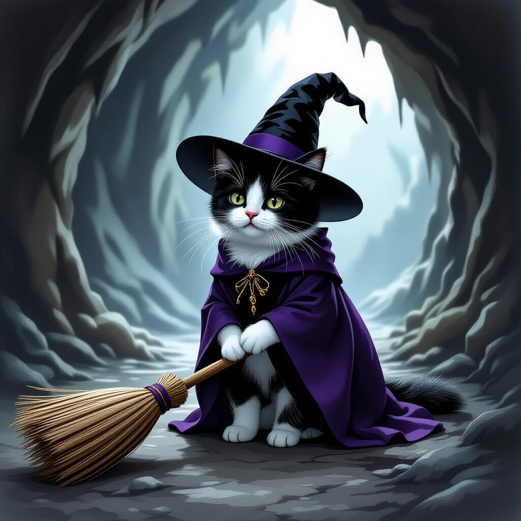 Black and White Cat Witch in Dim Cavern