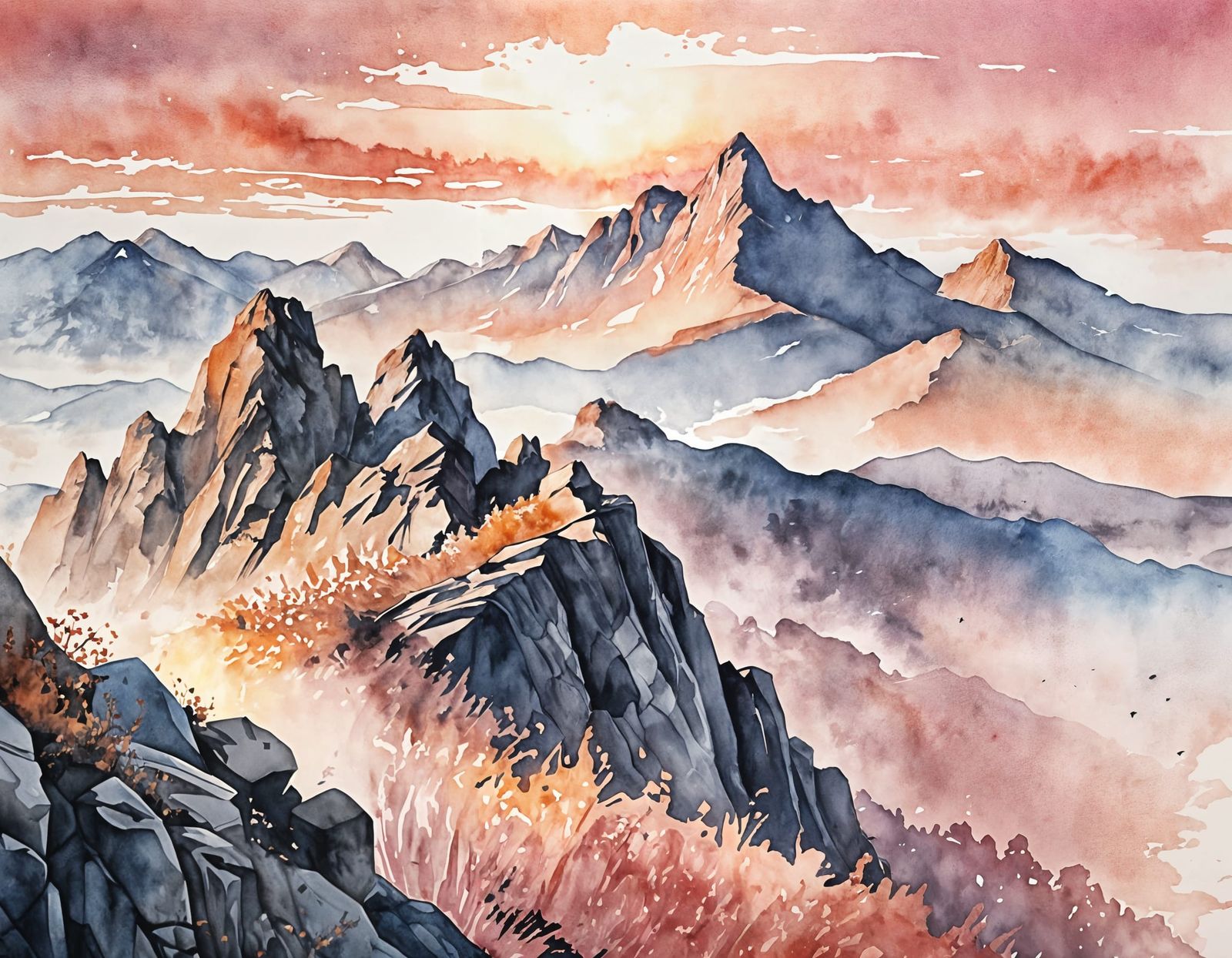 Majestic Mountain Summit at Sunrise: Watercolour Art