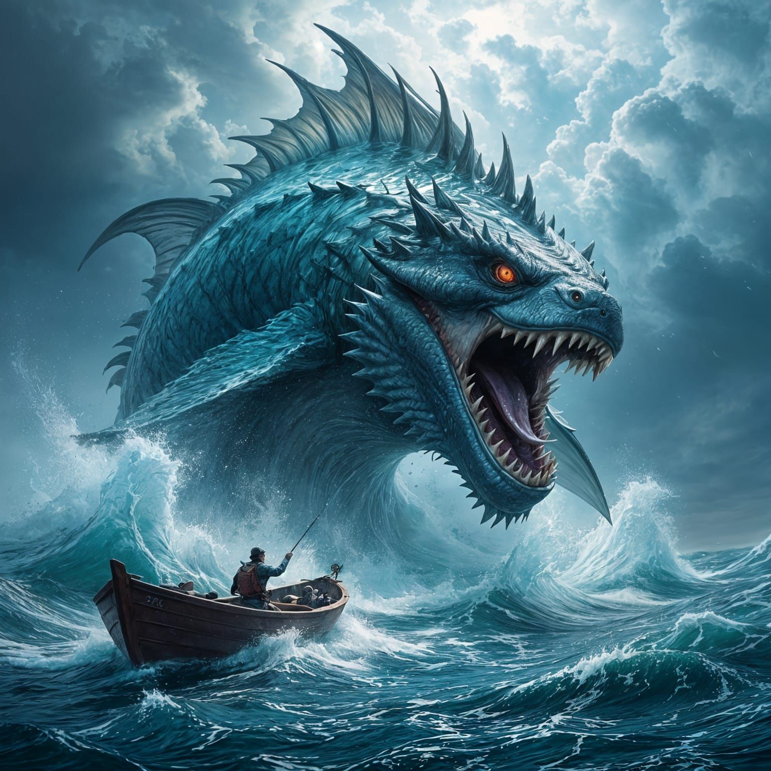Mythical Fish Battle in Stormy Seas