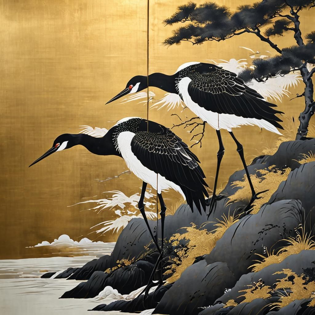 Cranes on Black Lacquer Screen in Japanese Style