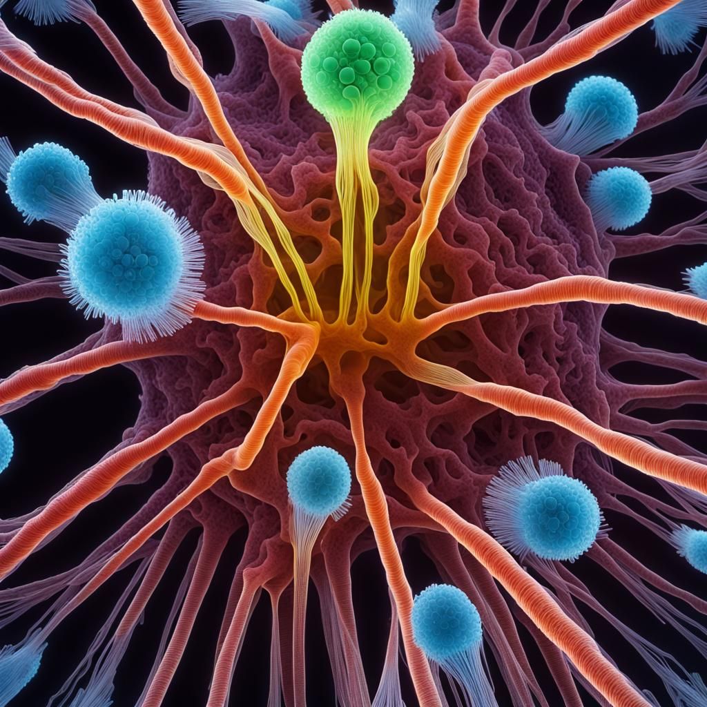 Glowing Microbe Cells Under Electron Microscope