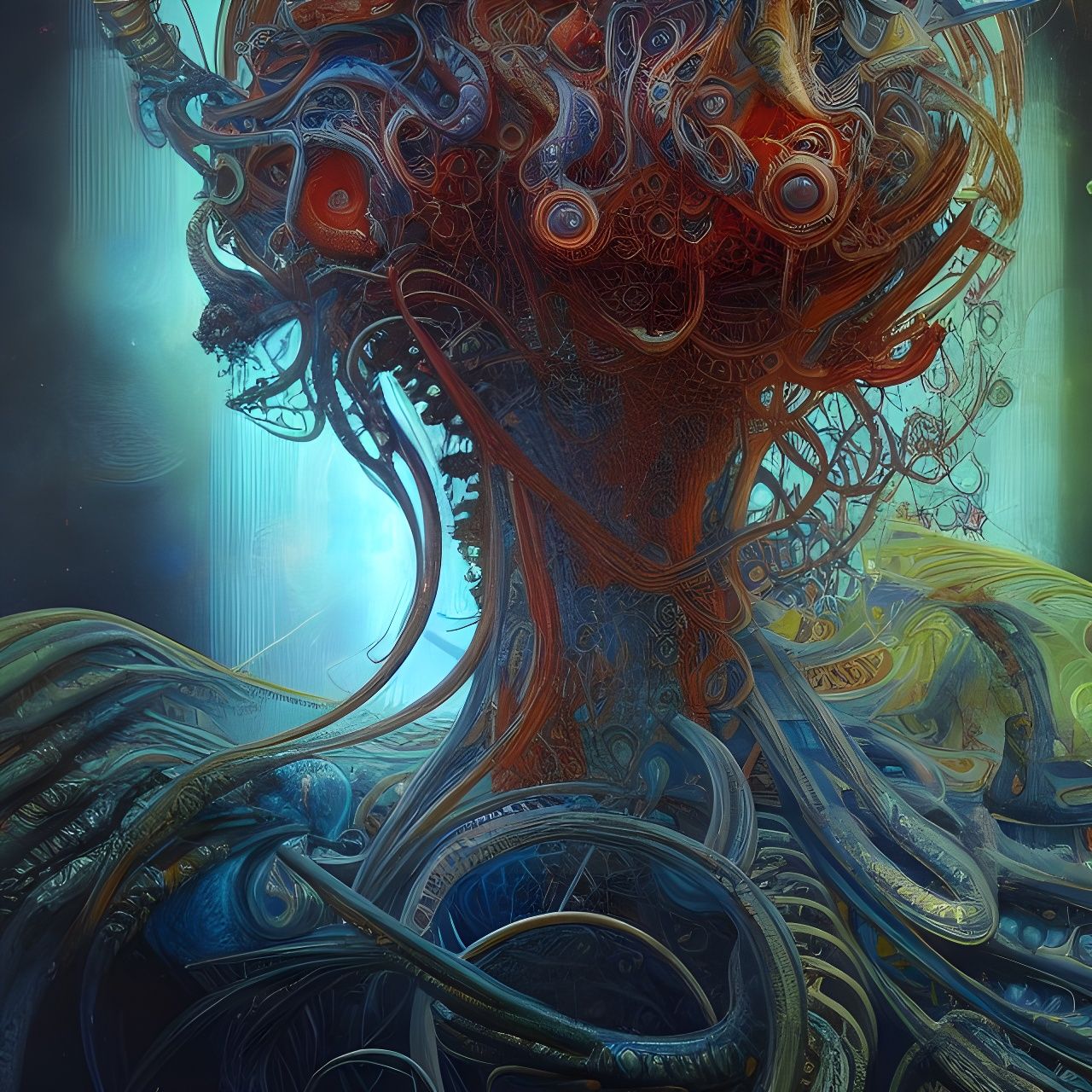 Colorful Nephilim God with 3D Cymatics in Psychedelic Art