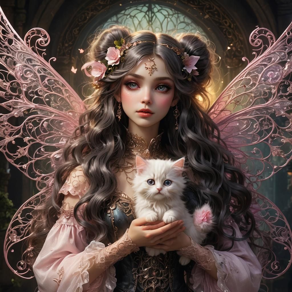 Dark Fantasy Fairy with Kitten: A Whimsical Masterpiece