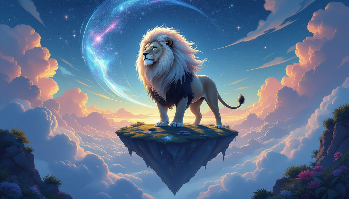 Cosmic Lion on Floating Island, Art Nouveau Style