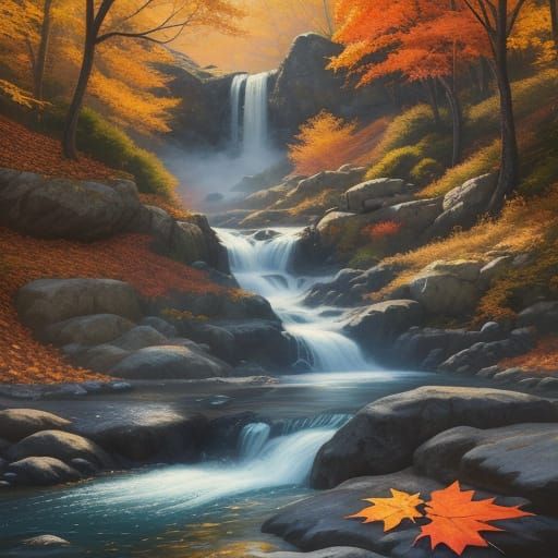 Vibrant Autumn Waterfall in Warm Light