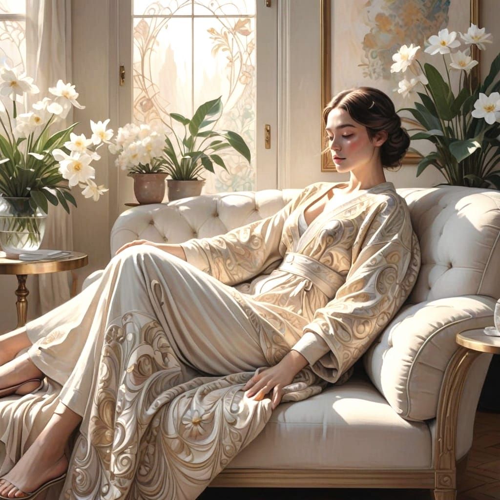 Ethereal Morning Repose in Art Nouveau Style
