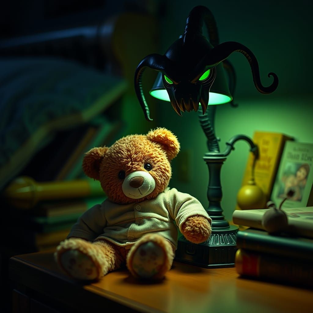 Teddy Bear Leaning on Cthulhu Lamp in Eerie Light