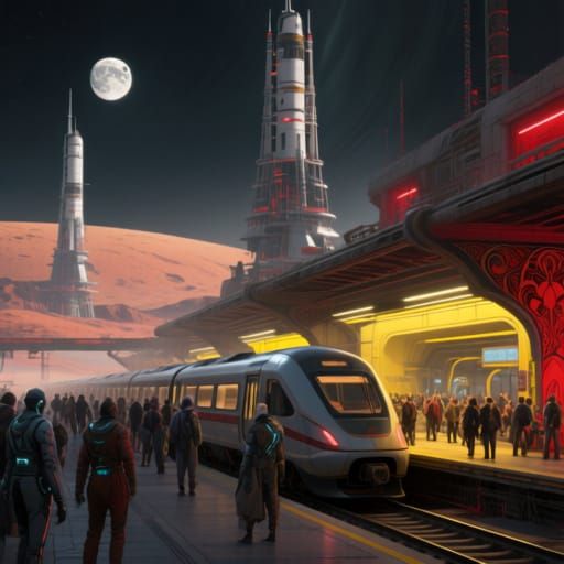 Bustling Mars Spaceport Train Station: Dark Fantasy